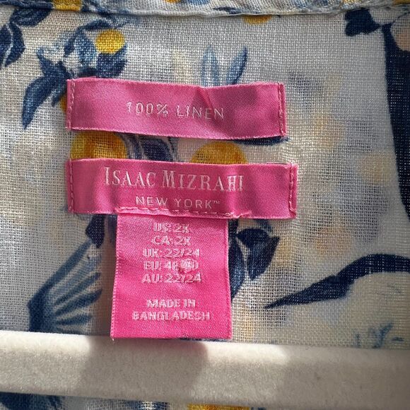 Izacc Mizrahi Linen Button Top Plus White Blue Floral Bird Lemon Short Sleeve - Picture 4 of 5